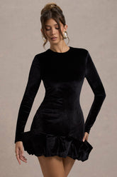 Black Velvet Long-Sleeved Ruffled Mini Dress